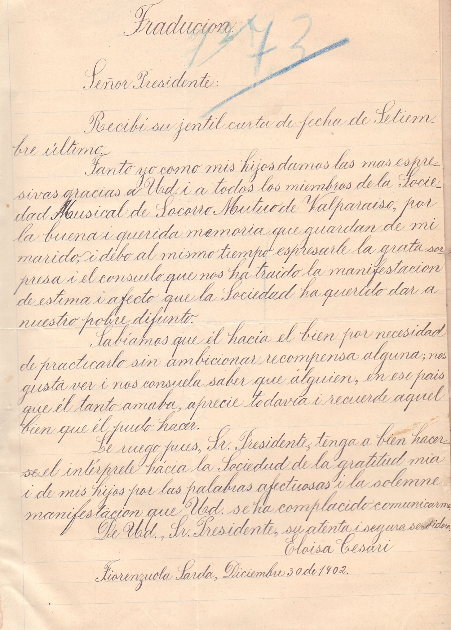 Carta de Eloisa Fulognio a SMSMV, 30 diciembre 1902 – Traducción