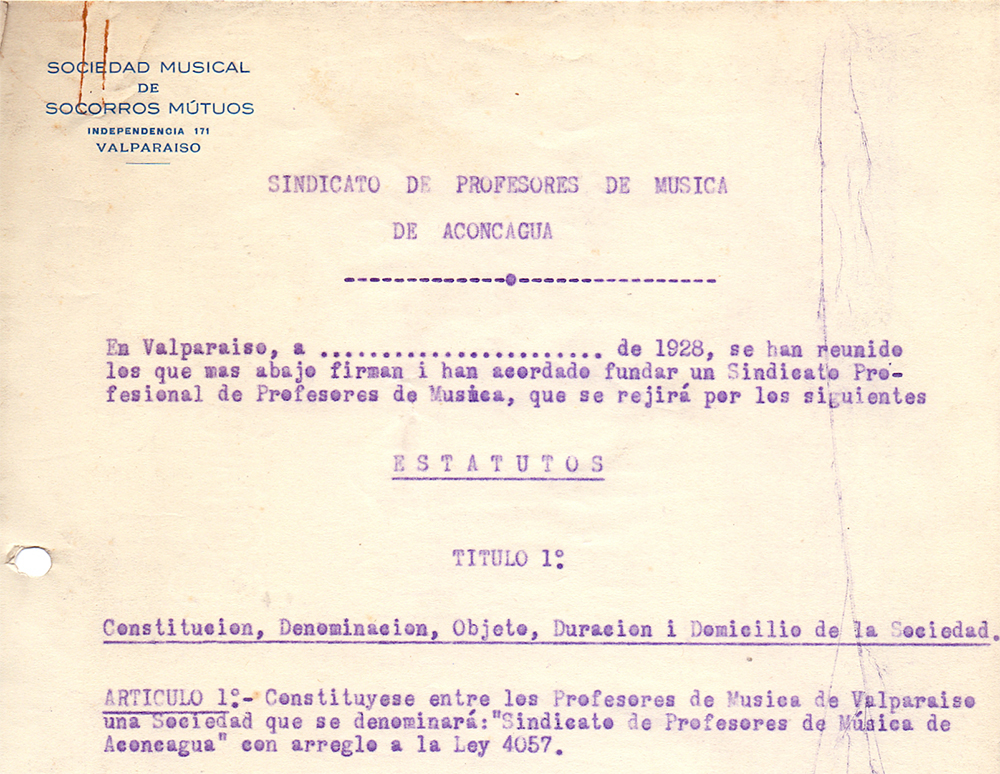 Borrador de estatutos del Sindicato Profesional de Músicos de Valparaíso 1928