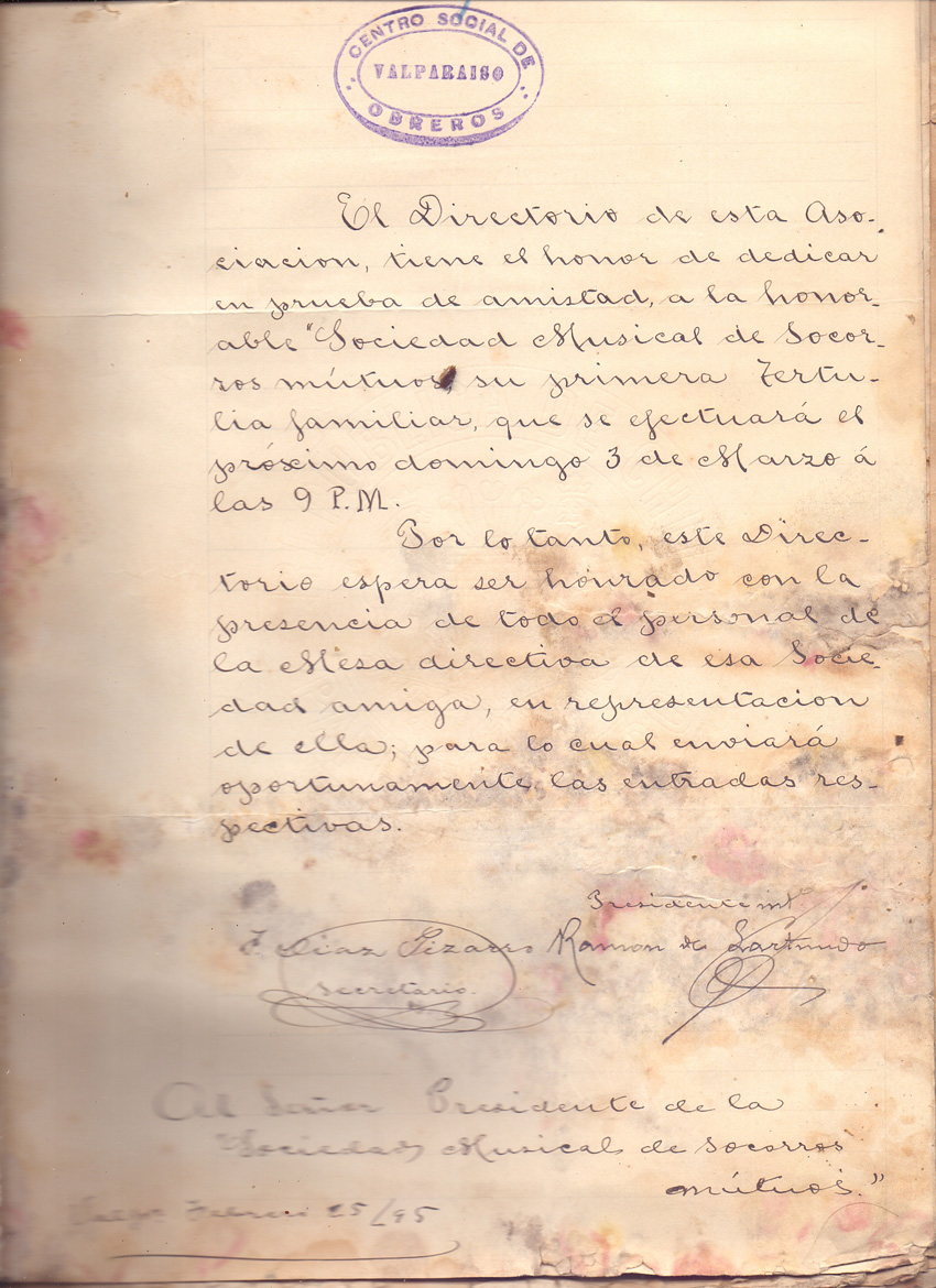 Carta del Centro Social de Obreros de Valparaíso a la SMSM – 25 febrero 1895
