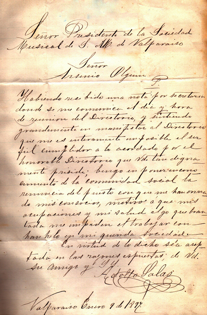 Carta de socio Adolfo Salas a Presidente SMSMV – 9 enero 1894