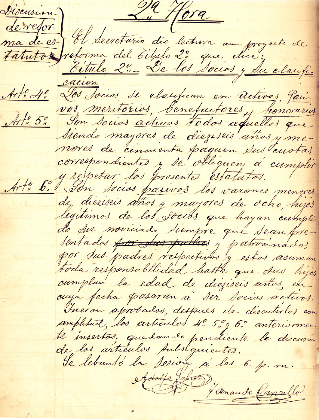 Reforma estatutos sesiones del directorio, febrero 1905
