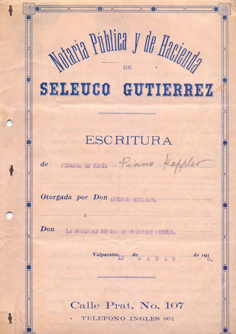 Portada Escritura Sociedad Musical -12 de marzo de 1918