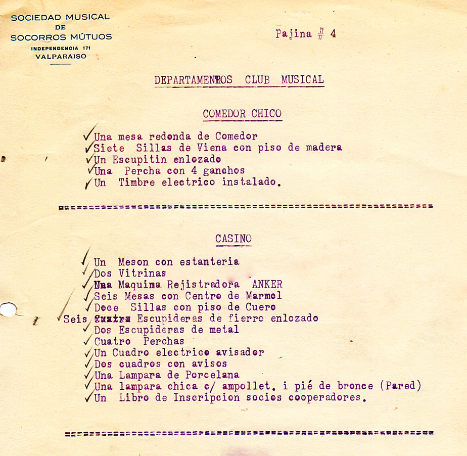 Inventario Sociedad Musical Comedor – 1 de marzo de 1928