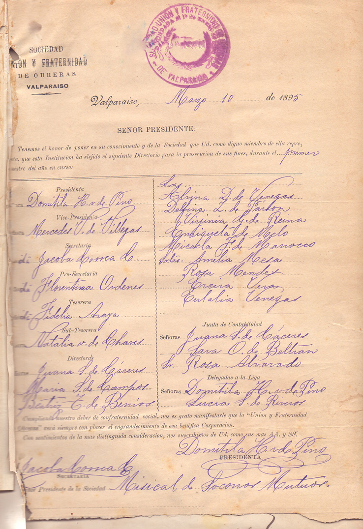 Carta Sociedad Unión y Fraternidad de Obreras de Valparaíso a la SMSMV- 10 marzo 1895