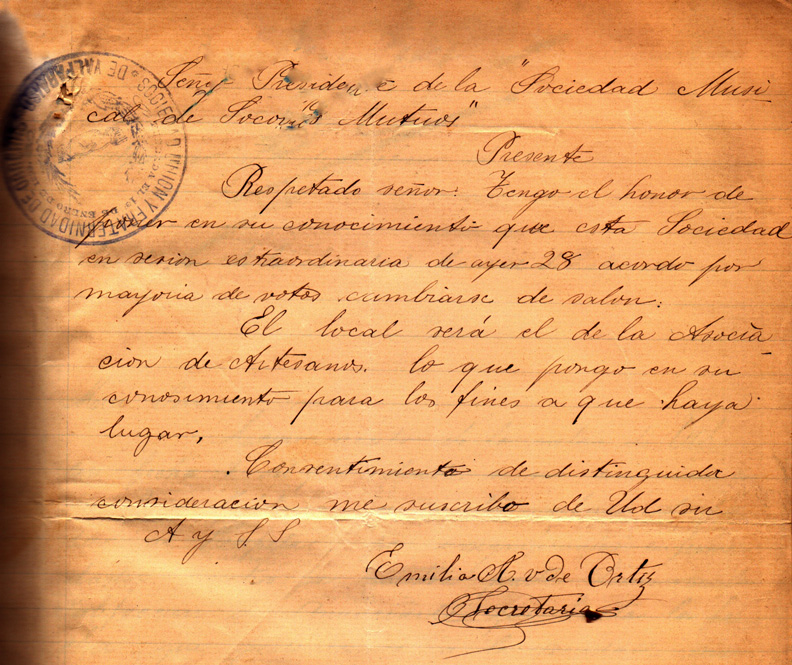 Carta Sociedad Unión Fraternidad a la SMSMV- 1895