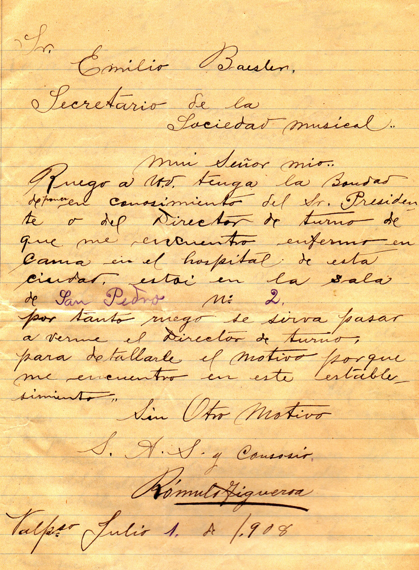 Carta de Rómulo Figueroa (socio enfermo) a Secretario de la SMSMV – 1 julio 1908