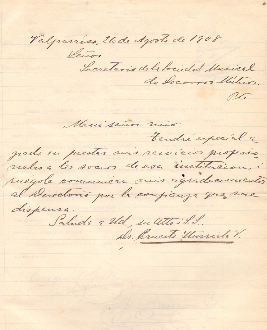 Carta de Ernesto Iturrieta al Secretario de la SMSMV – 26 agosto 1908