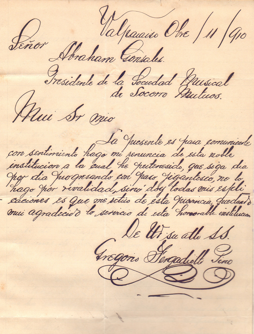 Carta de socio G. Fergadiotto P. a Presidente SMSMV – 11 octubre 1910