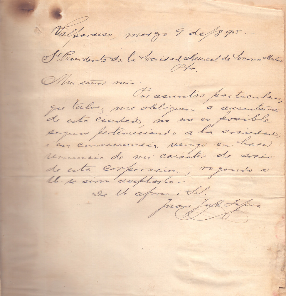 Carta de socio J.J. Tapia a Presidente SMSMV – 9 marzo 1895