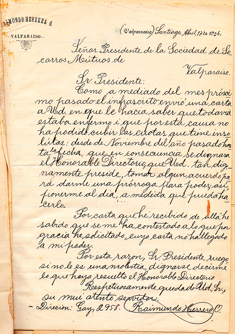 Carta de socio Raimundo Herrera a la SMSMV- 17 abril 1906