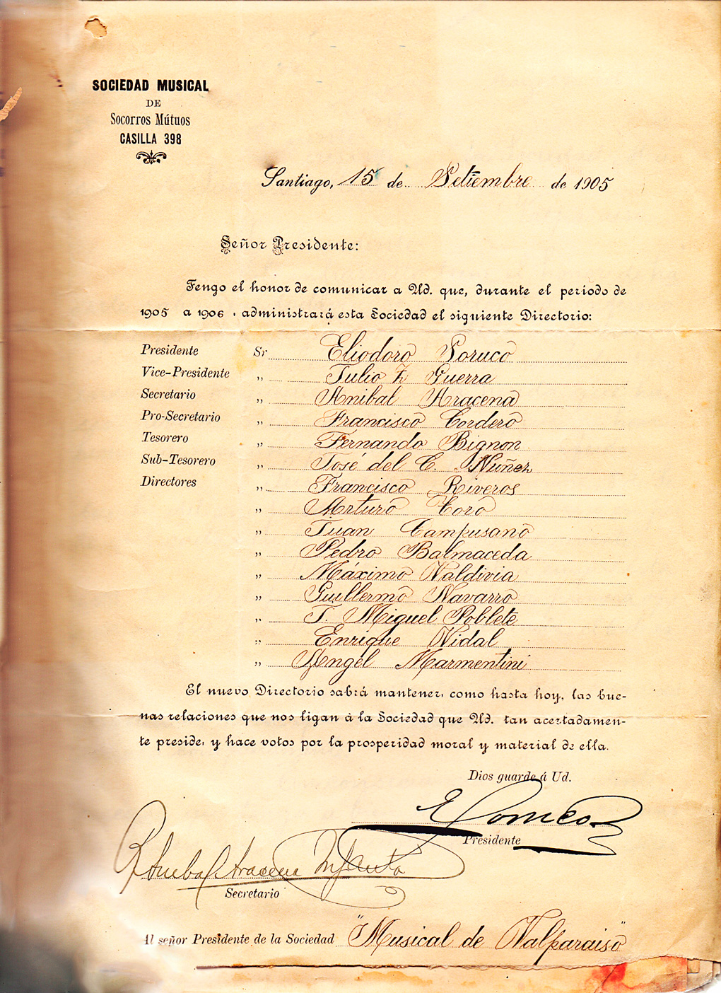 Carta Sociedad Musical de Socorros Mutuos de Santiago a la SMSMV- 15 septiembre 1905