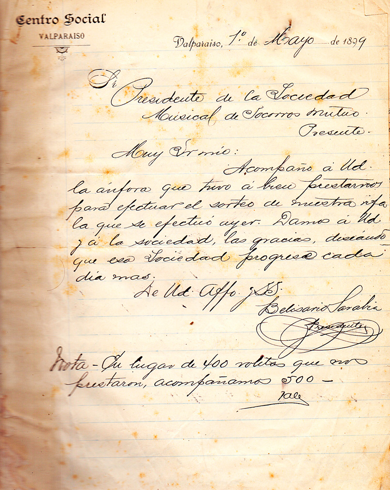 Carta del Centro Social Valparaíso a la SMSMV – 1 mayo 1899