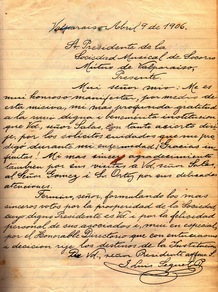 Carta de socio J.L. Seguel al Presidente de la SMSMV- 9 abril 1906
