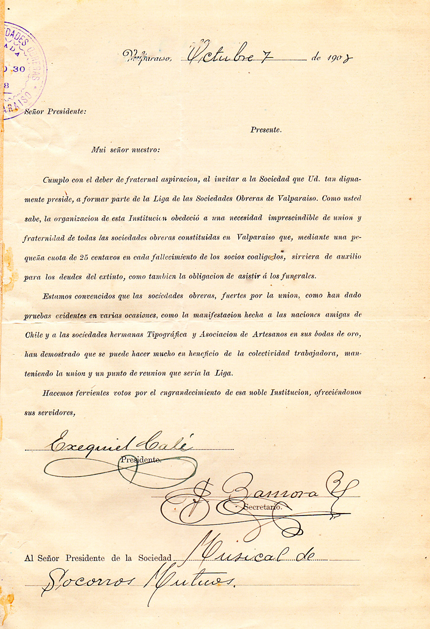 Carta de la Liga Sociedades Obreras de Valparaíso a la SMSMV- 7 octubre 1908