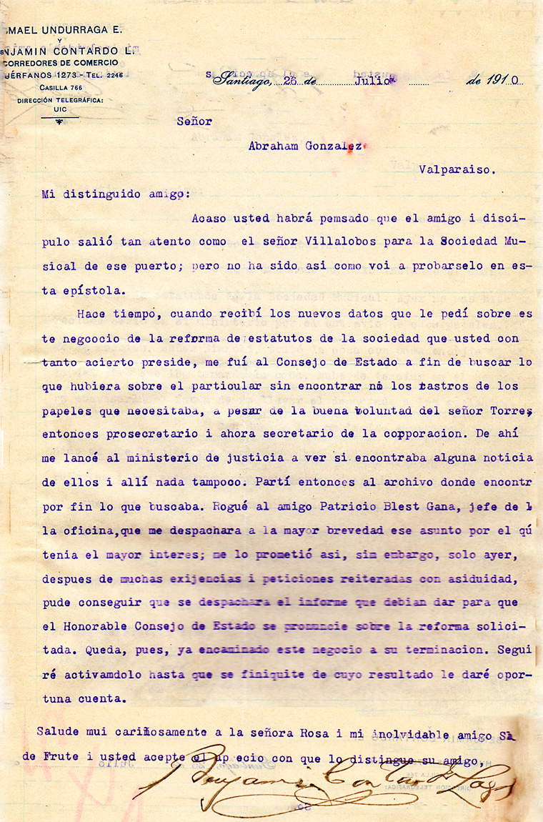 Carta a Abraham González SMSMV de Benjamin Contardo Corredores de Comercio – 26 julio 1910