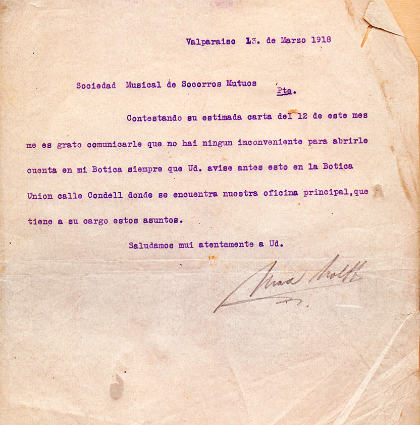 Carta de la Botica Union a la SMSMV- 13 marzo 1918