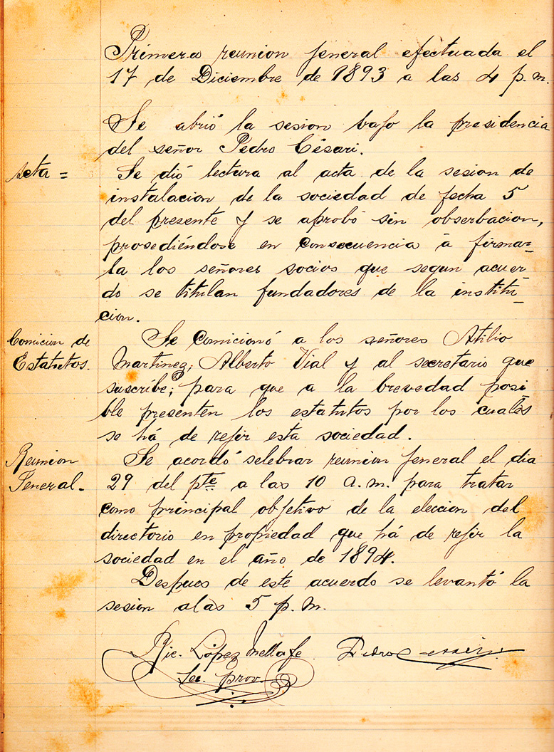 Acta Primera Reunión General – 17 de diciembre de 1893